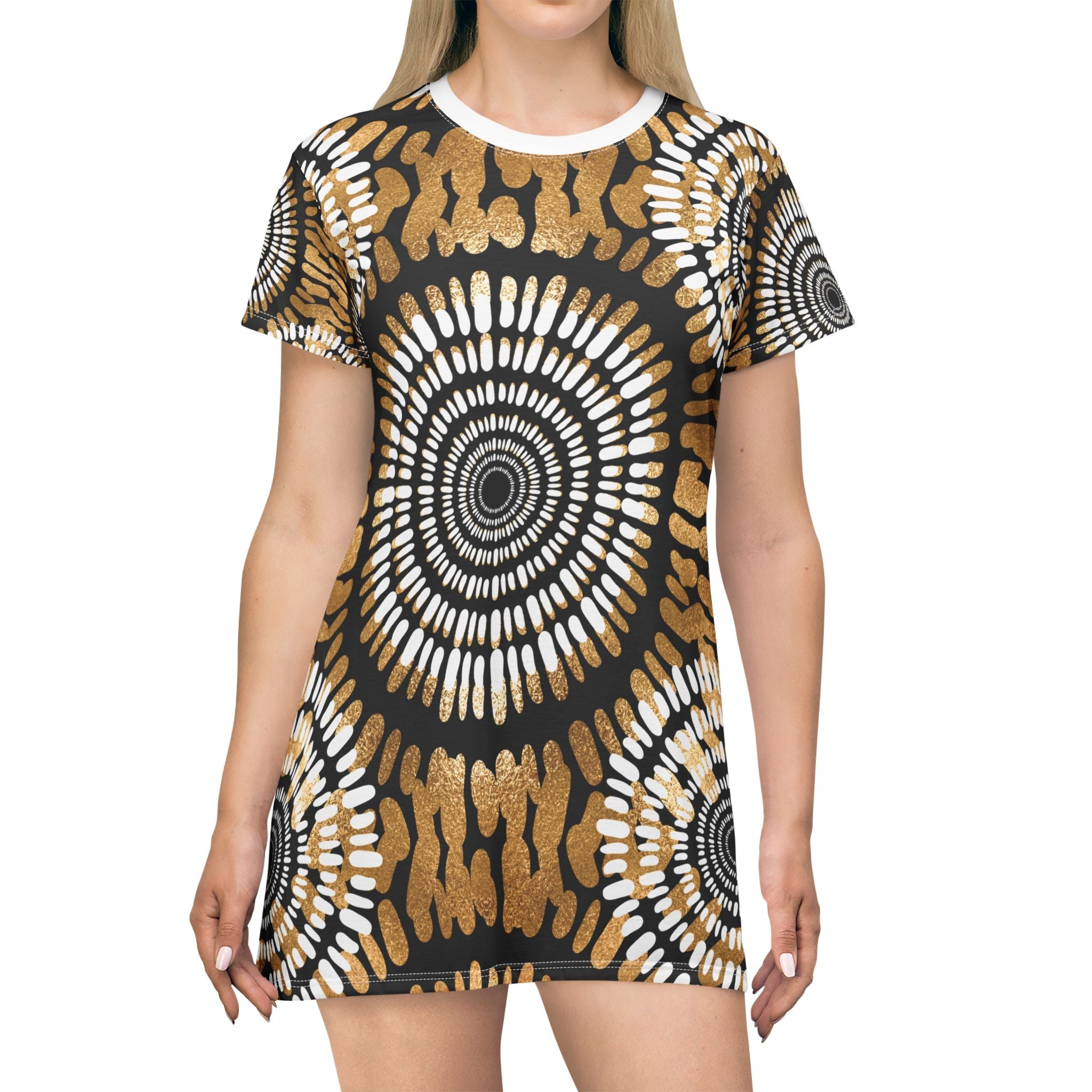 Boho Chic T-Shirt Dress with Gold Mandala Print